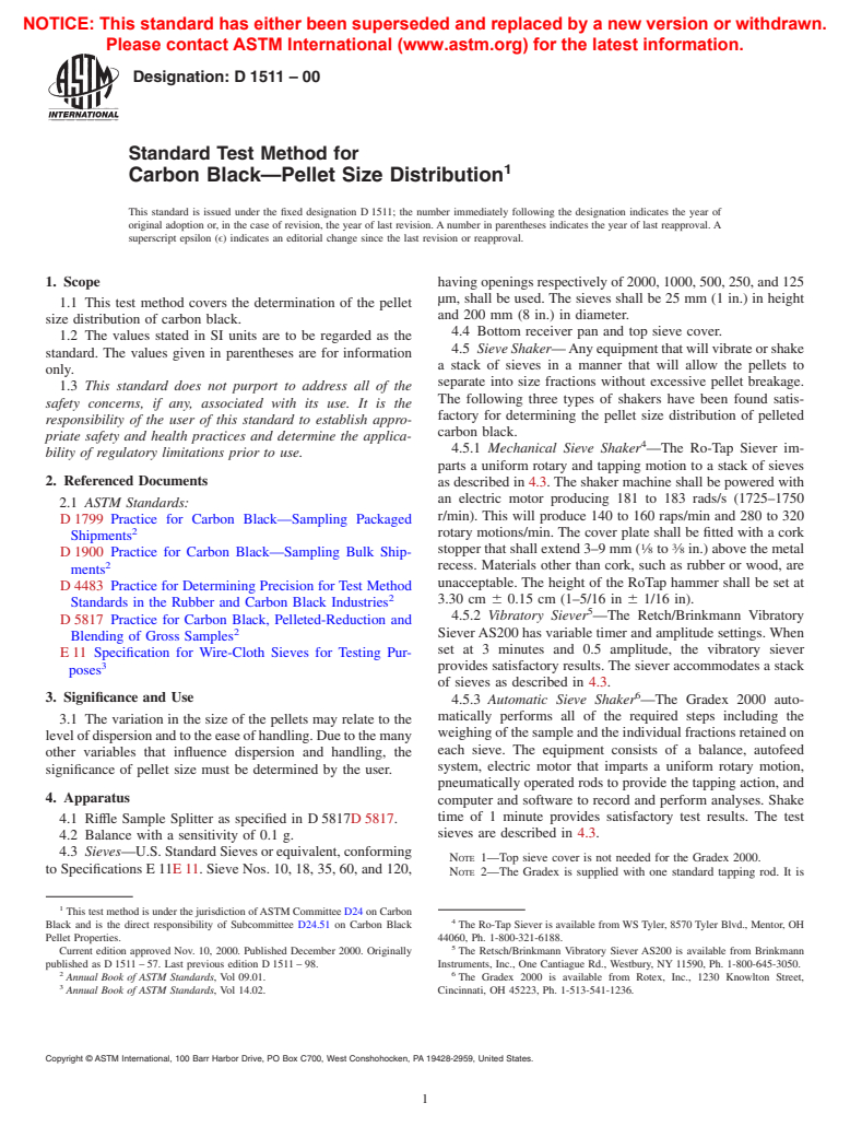 ASTM D1511-00 - Standard Test Method for Carbon Black-Pellet Size Distribution