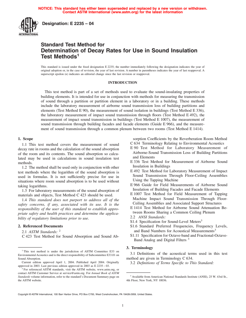 ASTM E2235-04 - Standard Test Method for Determination of Decay Rates for Use in Sound Insulation Test Methods