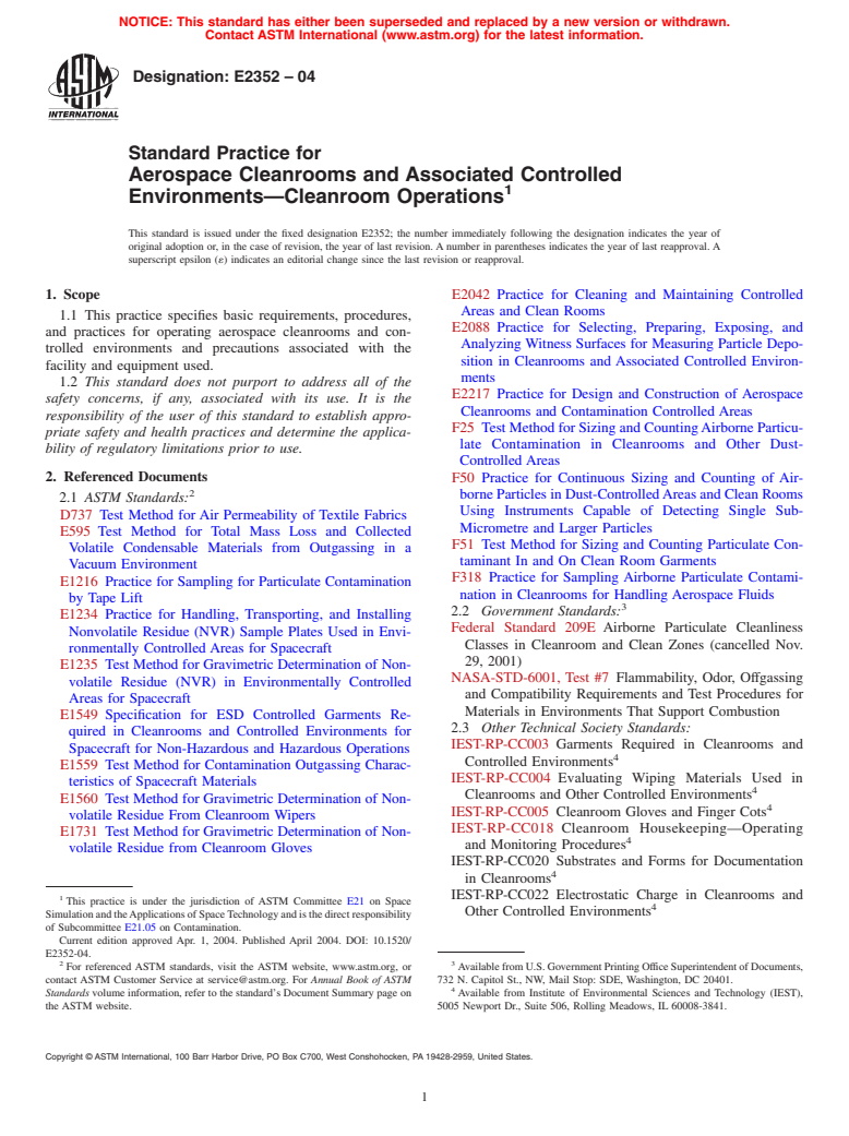 ASTM E2352-04 - Standard Practice for Aerospace Cleanrooms and Associated Controlled Environments-Cleanroom Operations