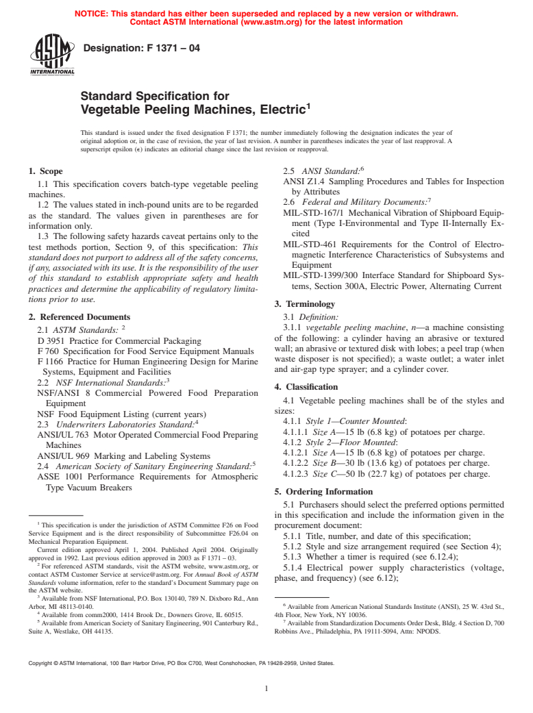 ASTM F1371-04 - Standard Specification for Vegetable Peeling Machines, Electric