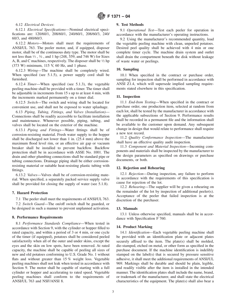 ASTM F1371-04 - Standard Specification for Vegetable Peeling Machines, Electric