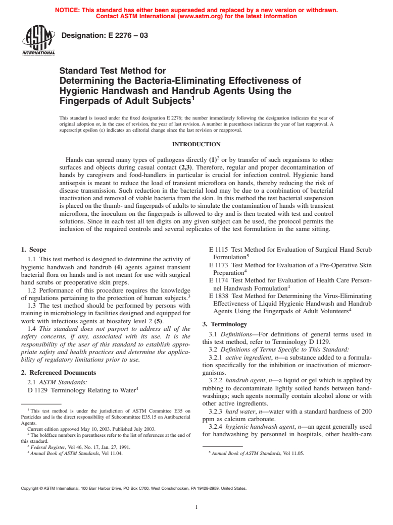 ASTM E2276-03 - Standard Test Method for Determining the Bacteria-Eliminating Effectiveness of Hygienic Handwash and Handrub Agents Using the Fingerpads of Adult Subjects