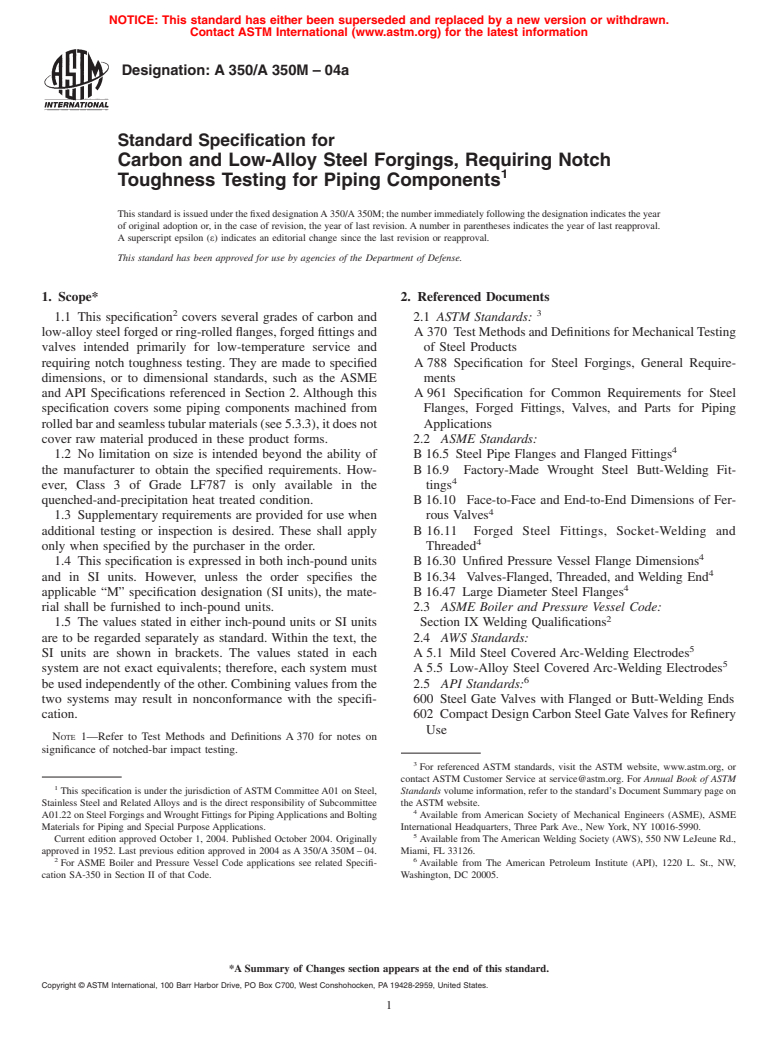 ASTM A350/A350M-04 - Standard Specification for Carbon and Low-Alloy Steel Forgings, Requiring Notch Toughness Testing for Piping Components