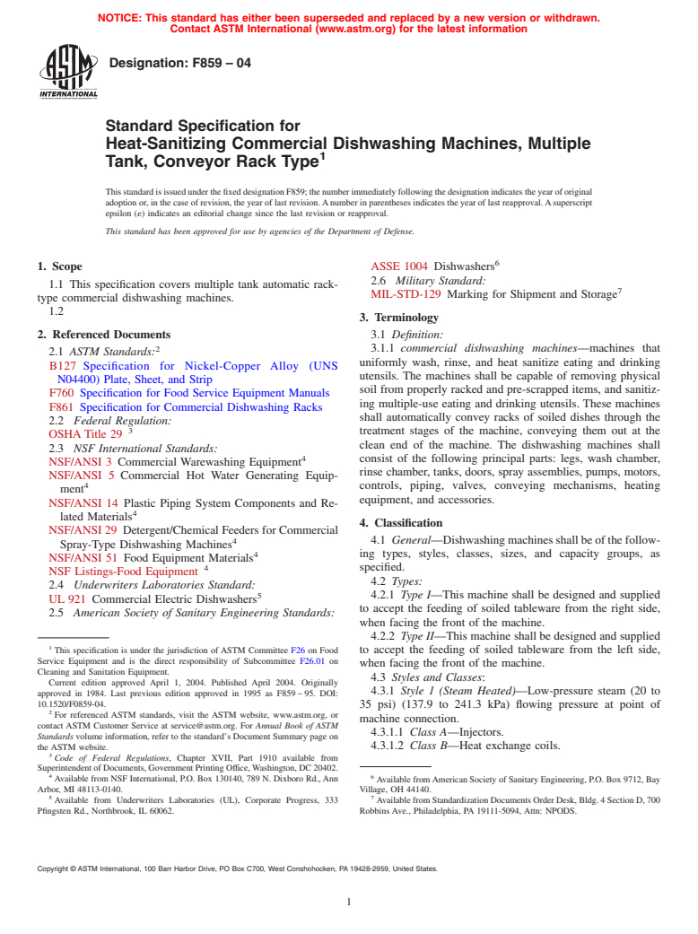 ASTM F859-04 - Standard Specification for Heat-Sanitizing Commercial Dishwashing Machines, Multiple Tank, Conveyor Rack Type