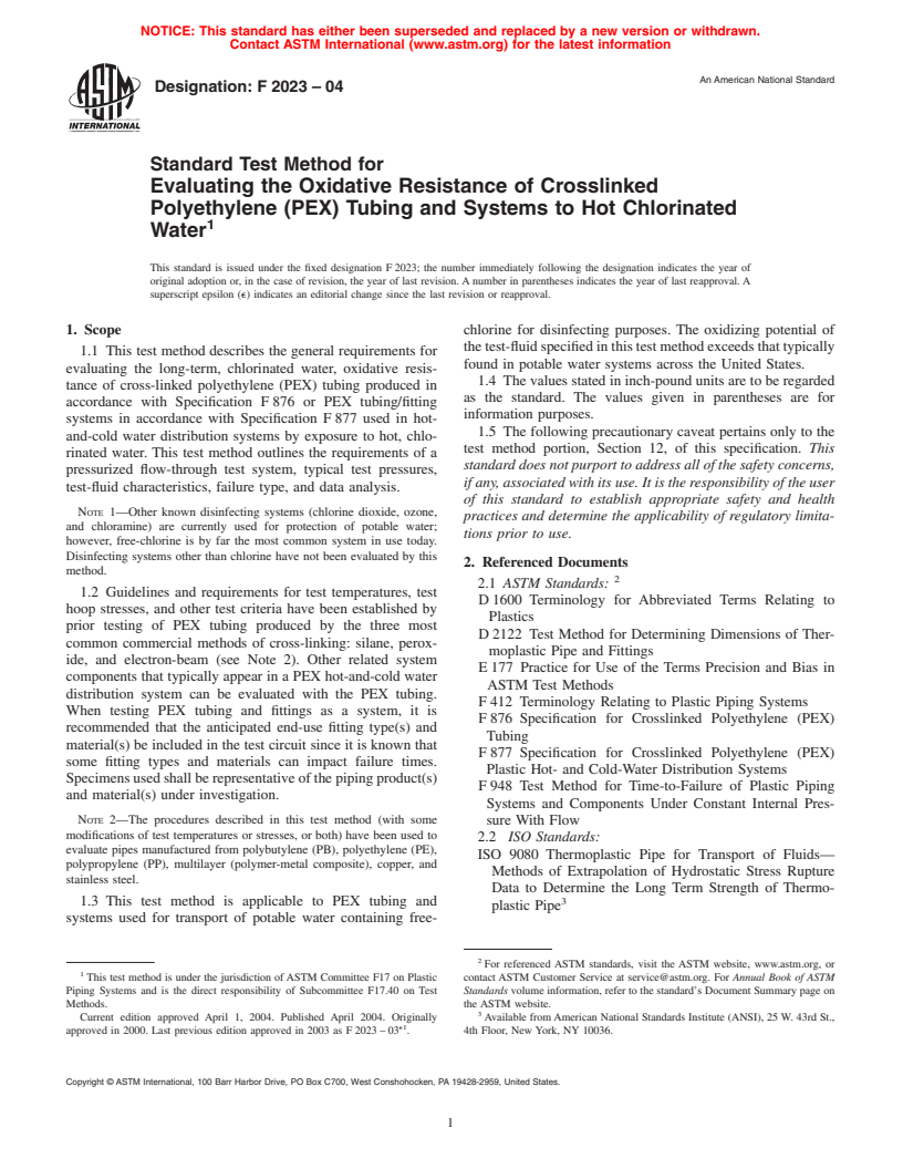 ASTM F2023-04 - Standard Test Method for Evaluating the Oxidative Resistance of Crosslinked Polyethylene (PEX) Tubing and Systems to Hot Chlorinated Water