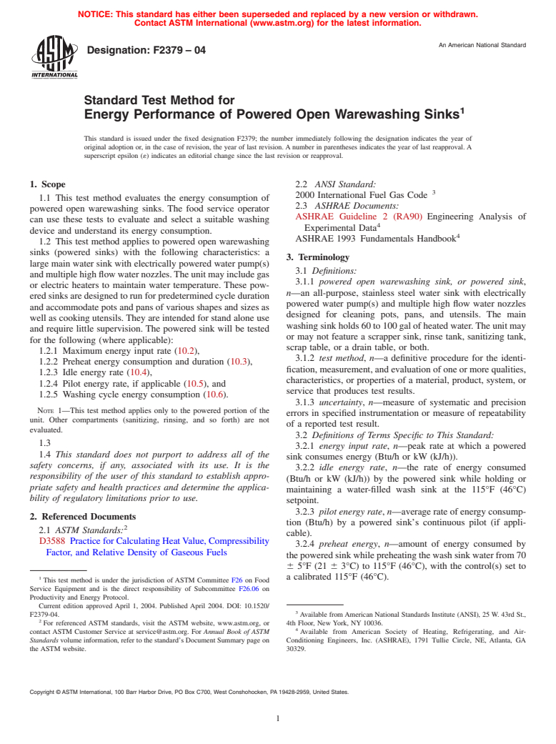 ASTM F2379-04 - Standard Test Method for Energy Performance of Powered Open Warewashing Sinks