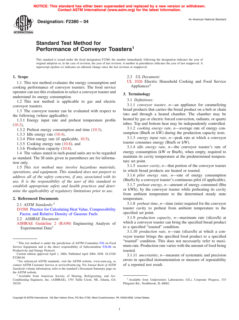 ASTM F2380-04 - Standard Test Method for Performance of Conveyor Toasters