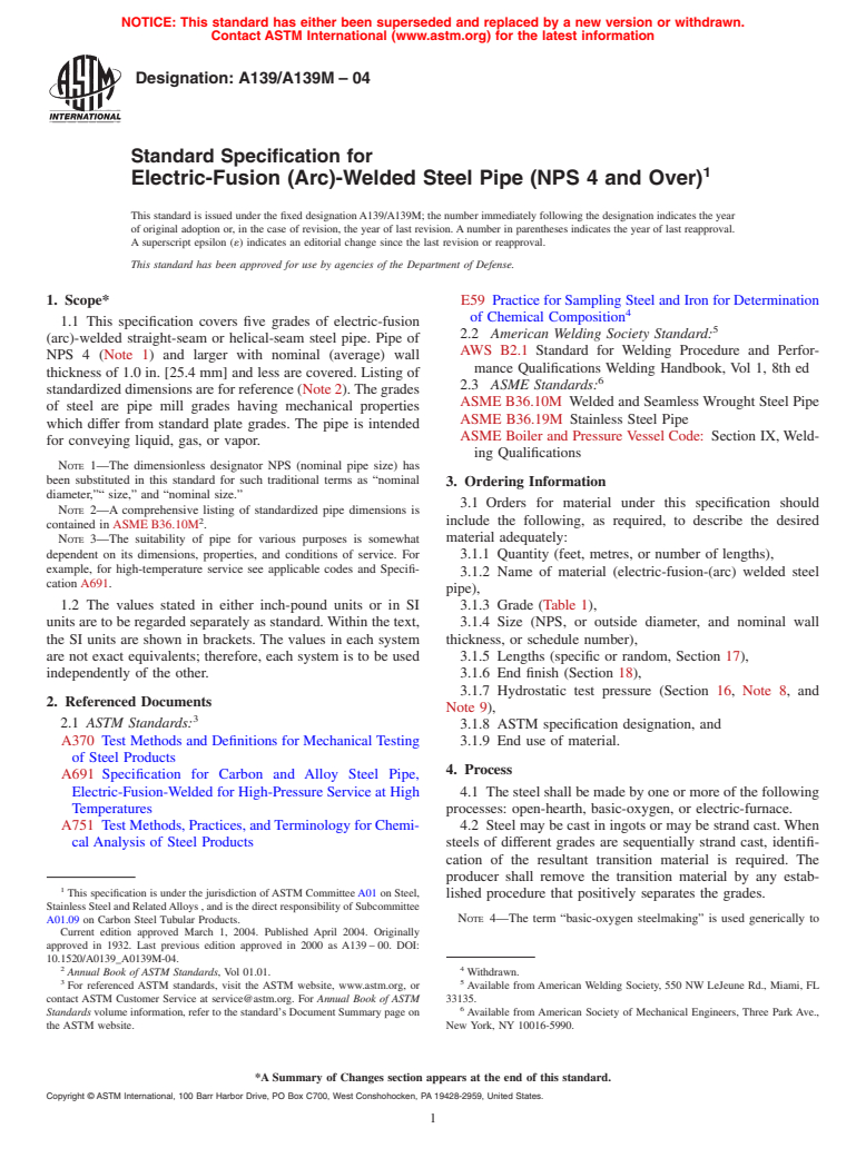 ASTM A139/A139M-04 - Standard Specification for Electric-Fusion (Arc)-Welded Steel Pipe (NPS 4 and Over)
