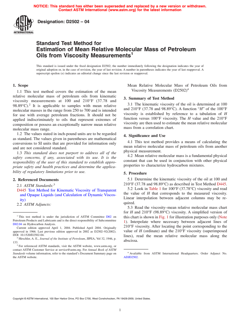 ASTM D2502-04 - Standard Test Method for Estimation of Molecular Weight (Relative Molecular Mass) of Petroleum Oils From Viscosity Measurements