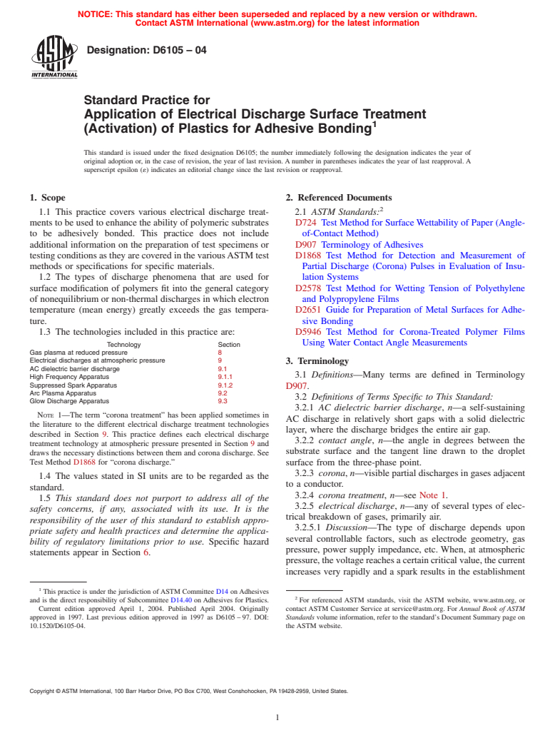 ASTM D6105-04 - Standard Practice for Application of Electrical Discharge Surface Treatment (Activation) of Plastics for Adhesive Bonding