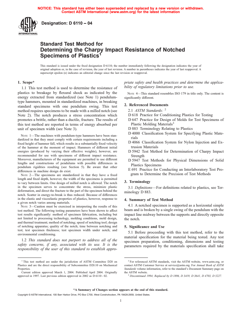 ASTM D6110-04 - Standard Test Methods for Determining the Charpy Impact Resistance of Notched Specimens of Plastics