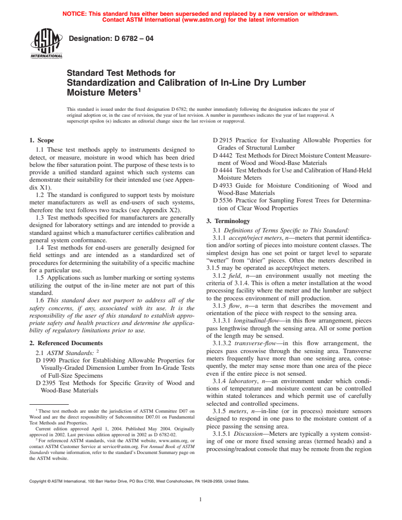 ASTM D6782-04 - Standard Test Methods for Standardization and Calibration of In-Line Dry Lumber Moisture Meters