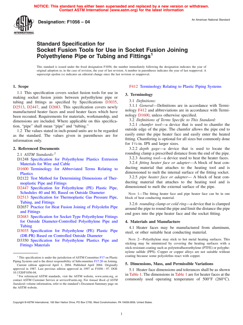 ASTM F1056-04 - Standard Specification for Socket Fusion Tools for Use in Socket Fusion Joining Polyethylene Pipe or Tubing and Fittings