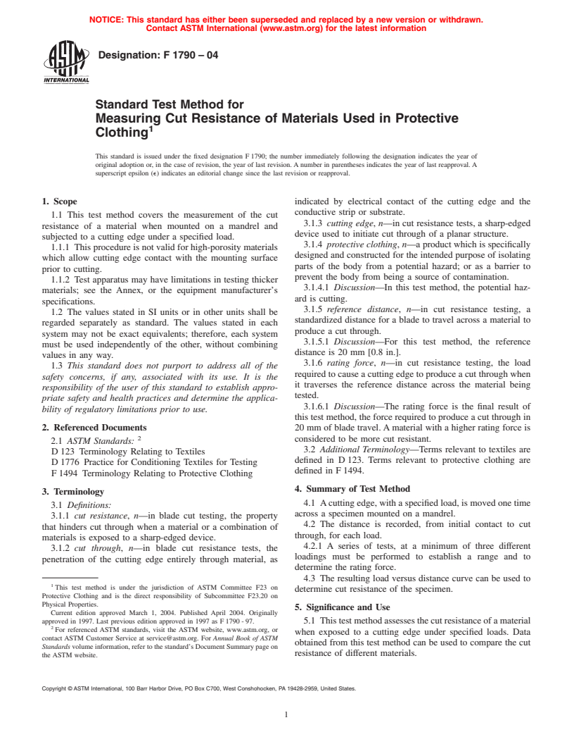 ASTM F1790-04 - Standard Test Method for Measuring Cut Resistance of Materials Used in Protective Clothing