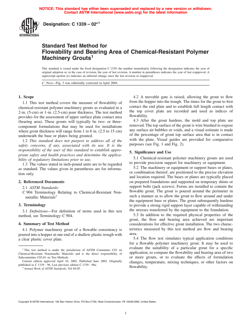 ASTM C1339-02e1 - Standard Test Method for Flowability and Bearing Area of Chemical-Resistant Polymer Machinery Grouts