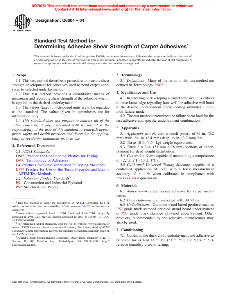 ASTM D6004-04 - Standard Test Method for Determining Adhesive Shear Strength of Carpet Adhesives