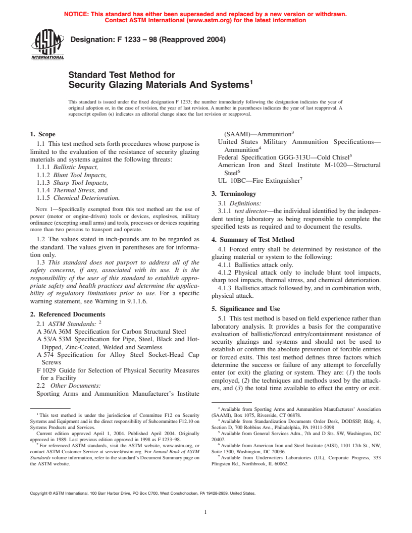 ASTM F1233-98(2004) - Standard Test Method for Security Glazing Materials And Systems