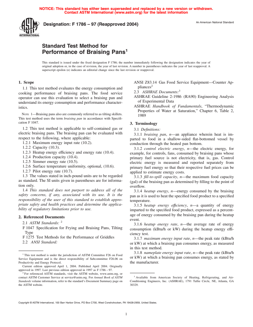 ASTM F1786-97(2004) - Standard Test Method for Performance of Braising Pans