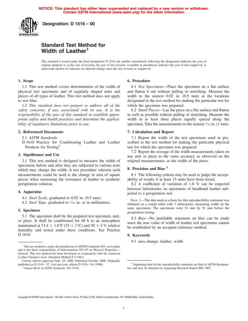 ASTM D1516-00 - Standard Test Method for Width of Leather