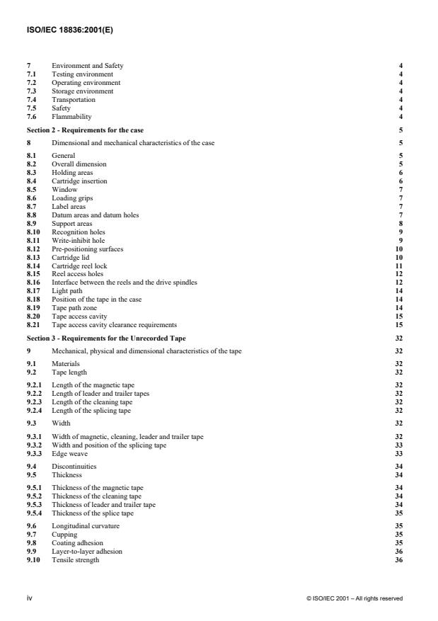 ISO/IEC 18836:2001 ISO/IEC 18836:2001 - Information technology -- 8 mm wide magnetic tape cartridge for information interchange -- Helical scan recording -- MammothTape-2 format - Page 4 preview