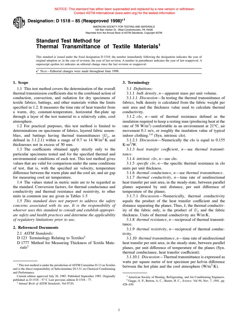 ASTM D1518-85(1998)e1 - Standard Test Method for Thermal Transmittance of Textile Materials