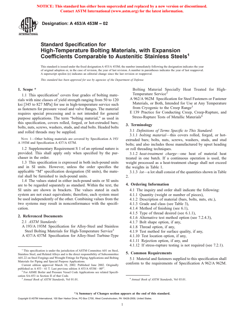 ASTM A453/A453M-02 - Standard Specification for High-Temperature Bolting Materials, with Expansion Coefficients Comparable to Austenitic Stainless Steels