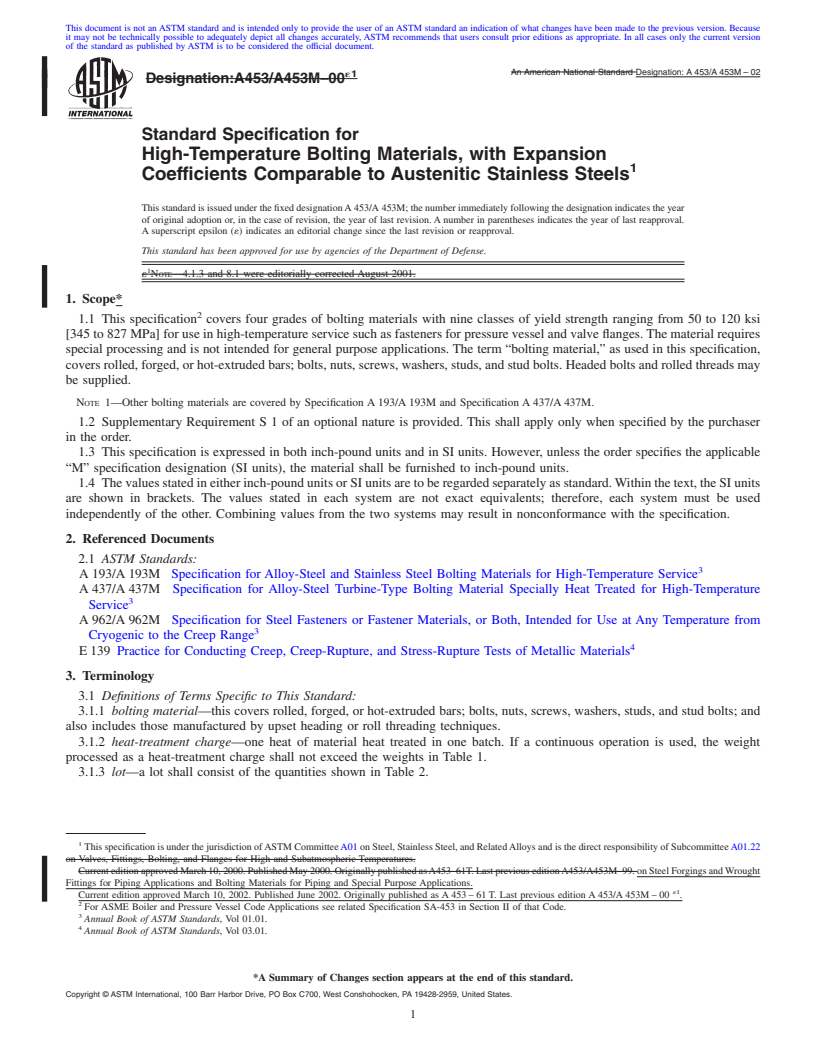 REDLINE ASTM A453/A453M-02 - Standard Specification for High-Temperature Bolting Materials, with Expansion Coefficients Comparable to Austenitic Stainless Steels