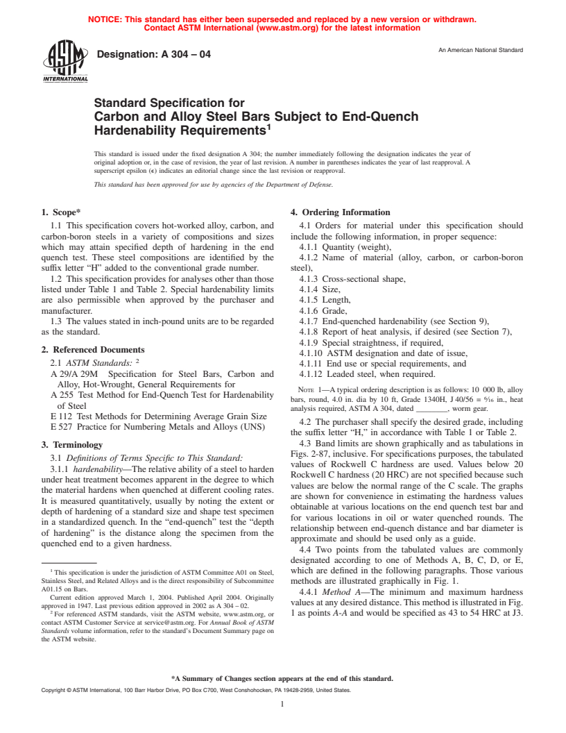 ASTM A304-04 - Standard Specification for Carbon and Alloy Steel Bars Subject to End-Quench Hardenability Requirements