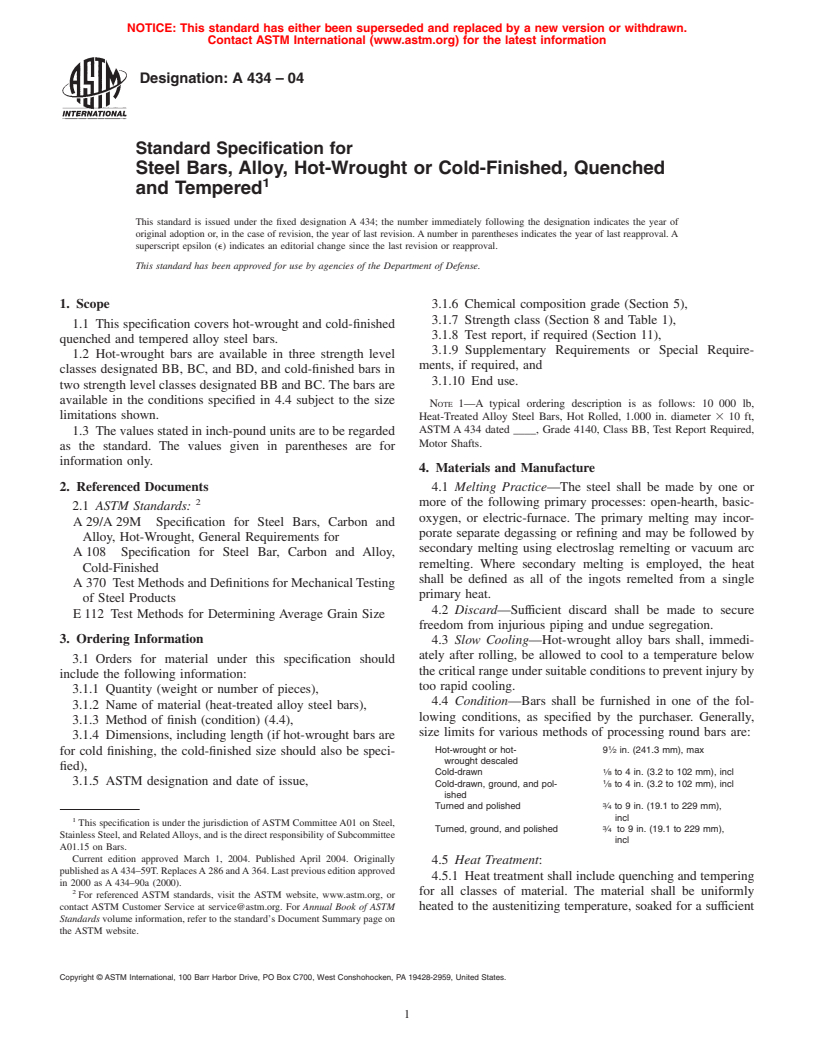 ASTM A434-04 - Standard Specification for Steel Bars, Alloy, Hot-Wrought or Cold-Finished, Quenched and Tempered
