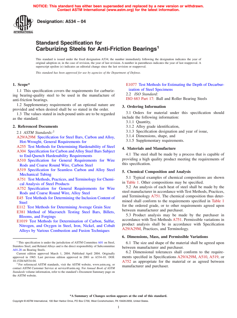 ASTM A534-04 - Standard Specification for Carburizing Steels for Anti-Friction Bearings