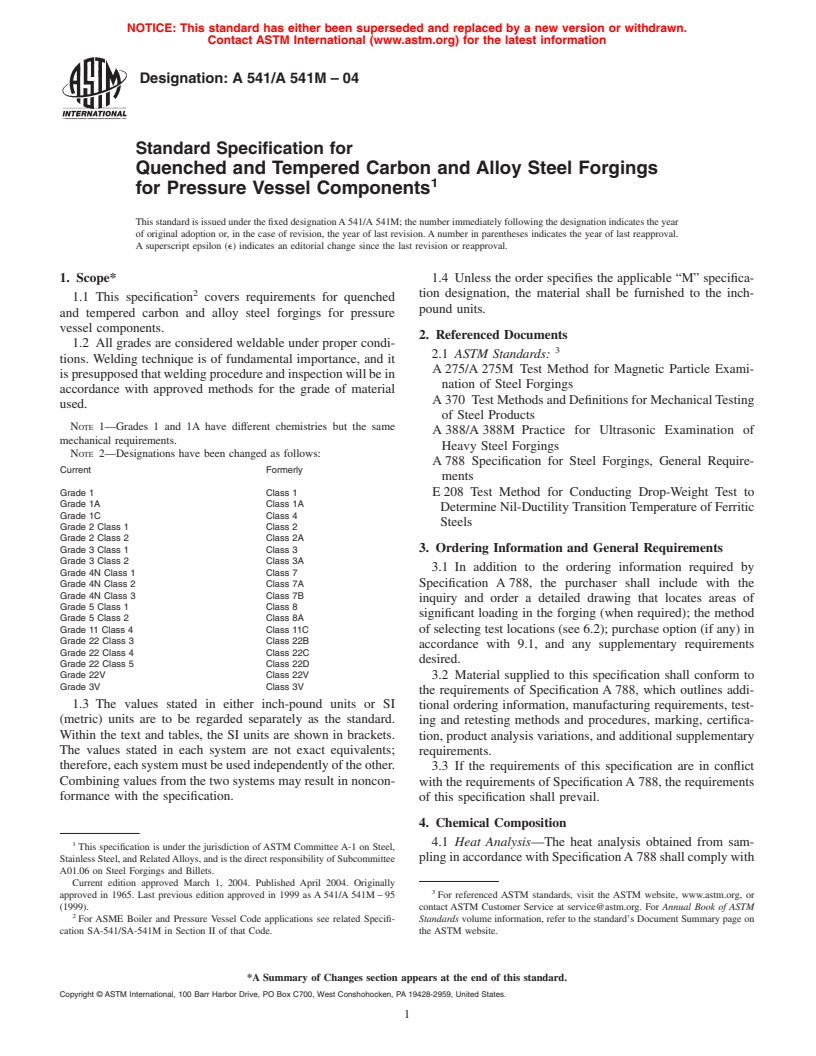 ASTM A541/A541M-04 - Standard Specification for Quenched and Tempered Carbon and Alloy Steel Forgings for Pressure Vessel Components