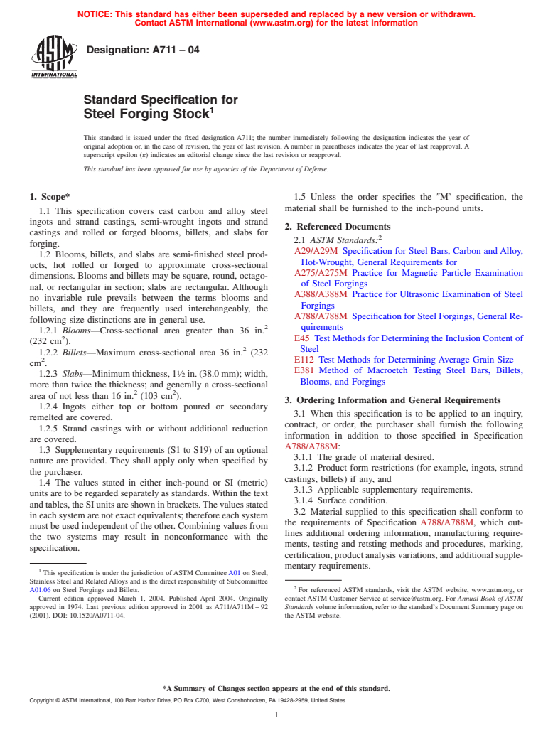 ASTM A711-04 - Standard Specification for Steel Forging Stock