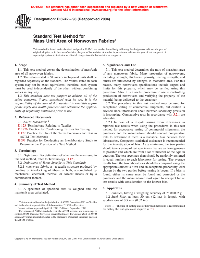 ASTM D6242-98(2004) - Standard Test Method for Mass Unit Area of Nonwoven Fabrics (Withdrawn 2008)