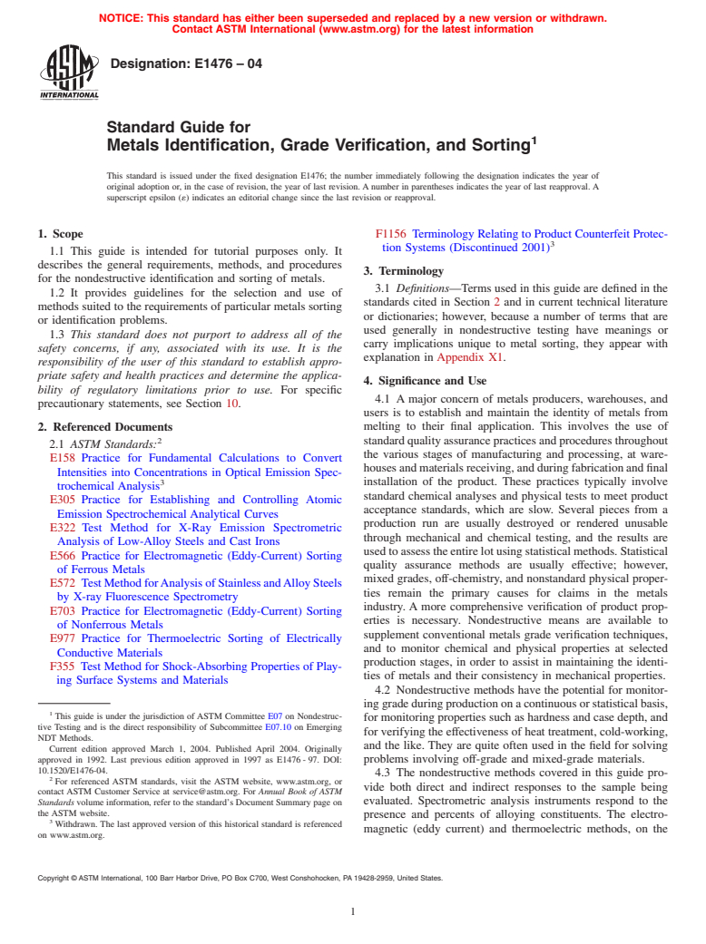 ASTM E1476-04 - Standard Guide for Metals Identification, Grade Verification, and Sorting