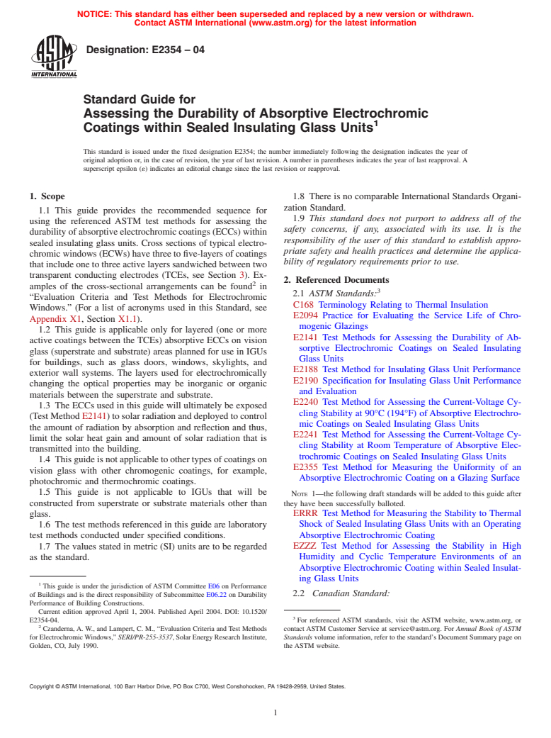 ASTM E2354-04 - Standard Guide for Assessing the Durability of Absorptive Electrochromic Coatings within Sealed Insulating Glass Units