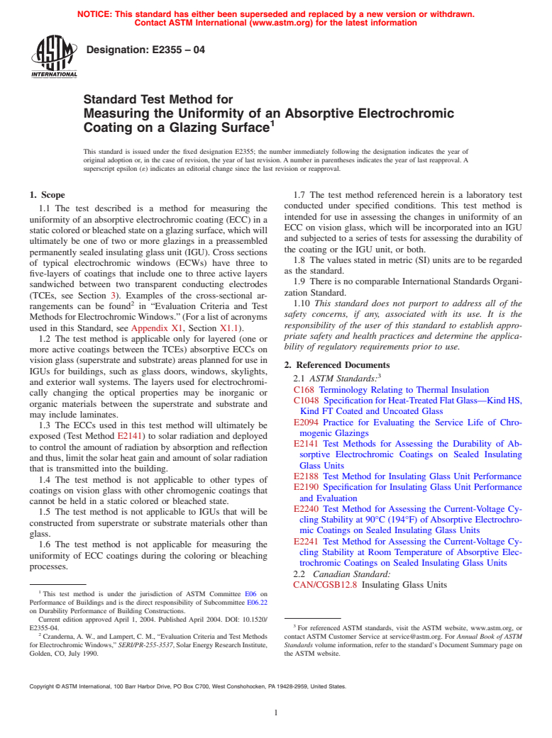 ASTM E2355-04 - Standard Test Method for Measuring the Uniformity of an Absorptive Electrochromic Coating on a Glazing Surface