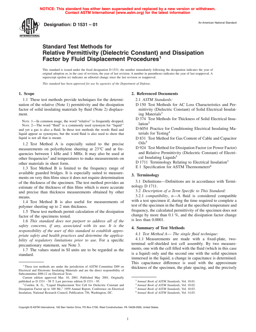 ASTM D1531-01 - Standard Test Methods for Relative Permittivity (Dielectric Constant) and Dissipation Factor by Fluid Displacement Procedures