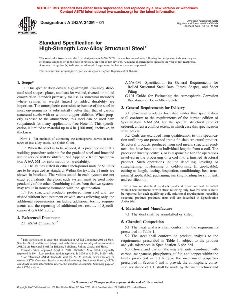 ASTM A242/A242M-04 - Standard Specification for High-Strength Low-Alloy Structural Steel