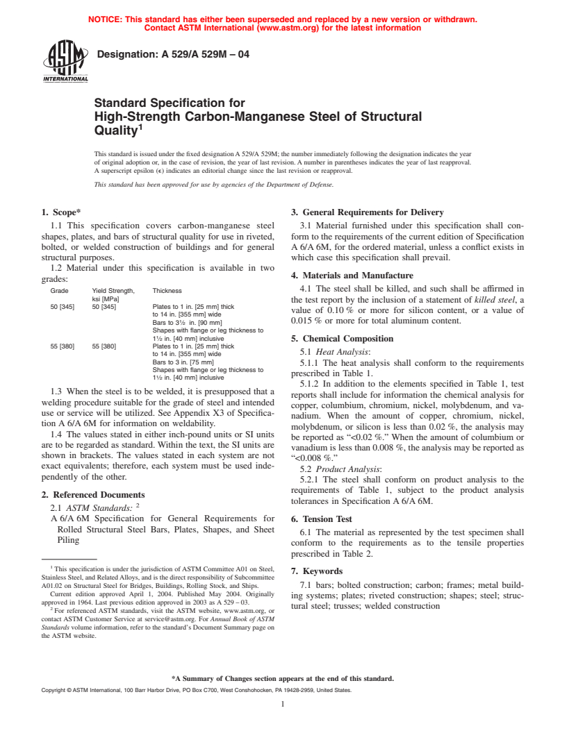 ASTM A529/A529M-04 - Standard Specification for High-Strength Carbon-Manganese Steel of Structural Quality