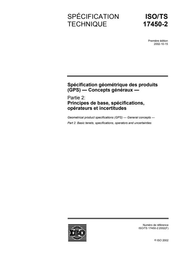 ISO/TS 17450-2:2002 - Spécification géométrique des produits (GPS) -- Concepts généraux