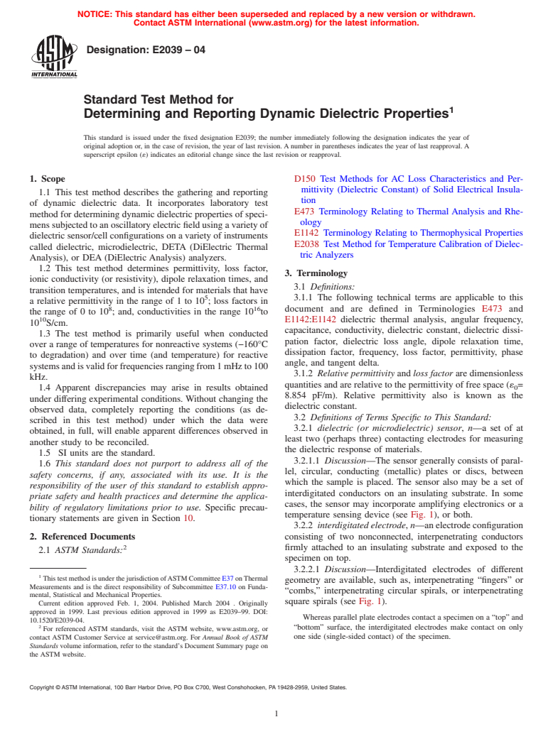 ASTM E2039-04 - Standard Test Method for Determining and Reporting Dynamic Dielectric Properties (Withdrawn 2009)