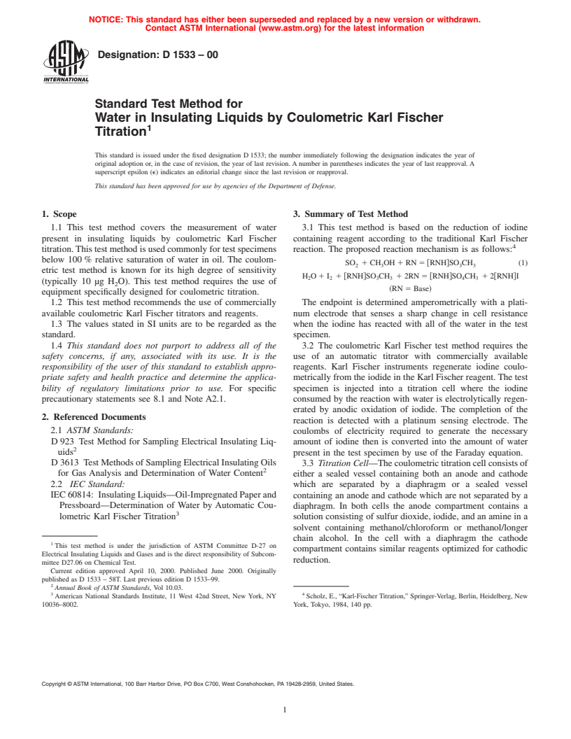 ASTM D1533-00 - Standard Test Method for Water in Insulating Liquids by Coulometric Karl Fischer Titration