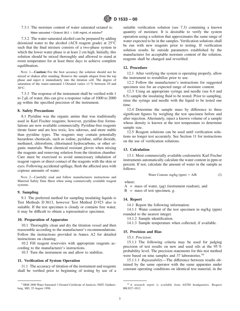 ASTM D1533-00 - Standard Test Method for Water in Insulating Liquids by Coulometric Karl Fischer Titration