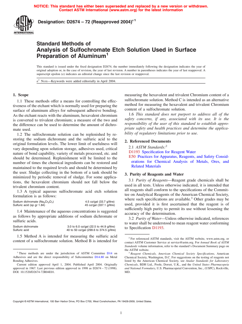 ASTM D2674-72(2004)e1 - Standard Methods of Analysis of Sulfochromate Etch Solution Used in Surface Preparation of Aluminum