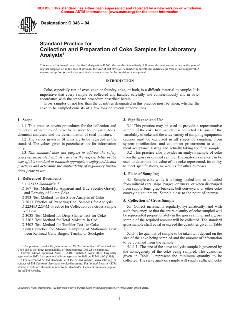 ASTM D346-04 - Standard Practice for Collection and Preparation of Coke Samples for Laboratory Analysis