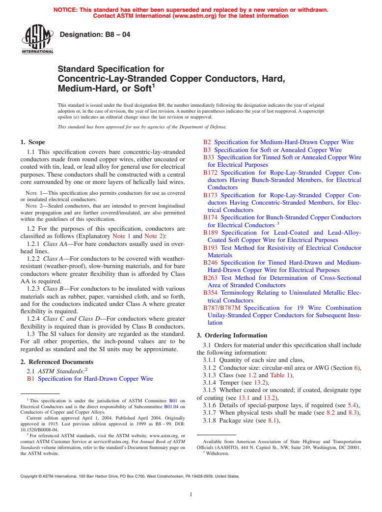 ASTM B8-04 - Standard Specification for Concentric-Lay-Stranded Copper Conductors, Hard, Medium-Hard, or Soft