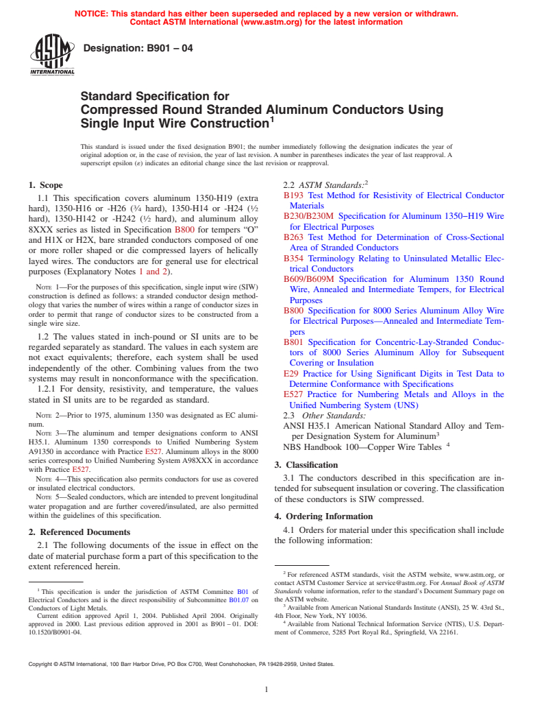 ASTM B901-04 - Standard Specification for Compressed Round Stranded Aluminum Conductors Using Single Input Wire Construction