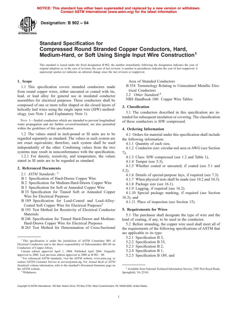 ASTM B902-04 - Standard Specification for Compressed Round Stranded Copper Conductors, Hard, Medium-Hard, or Soft Using Single Input Wire Construction