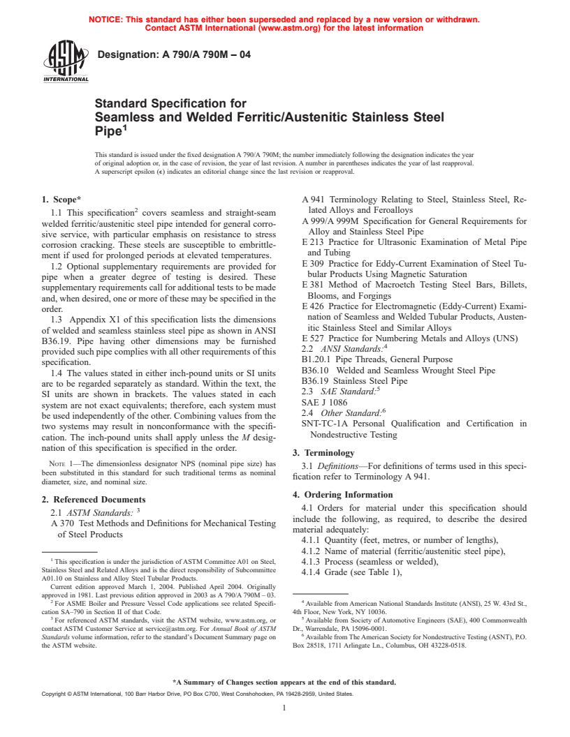 ASTM A790/A790M-04 - Standard Specification for Seamless and Welded Ferritic/Austenitic Stainless Steel Pipe