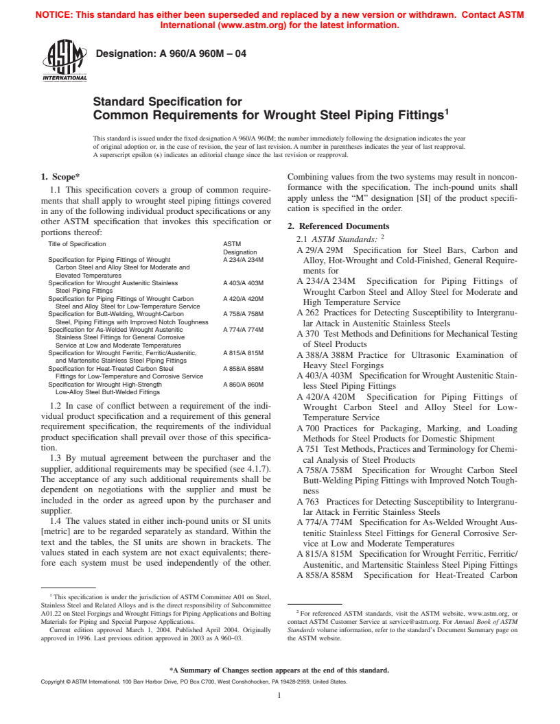 ASTM A960/A960M-04 - Standard Specification for Common Requirements for Wrought Steel Piping Fittings